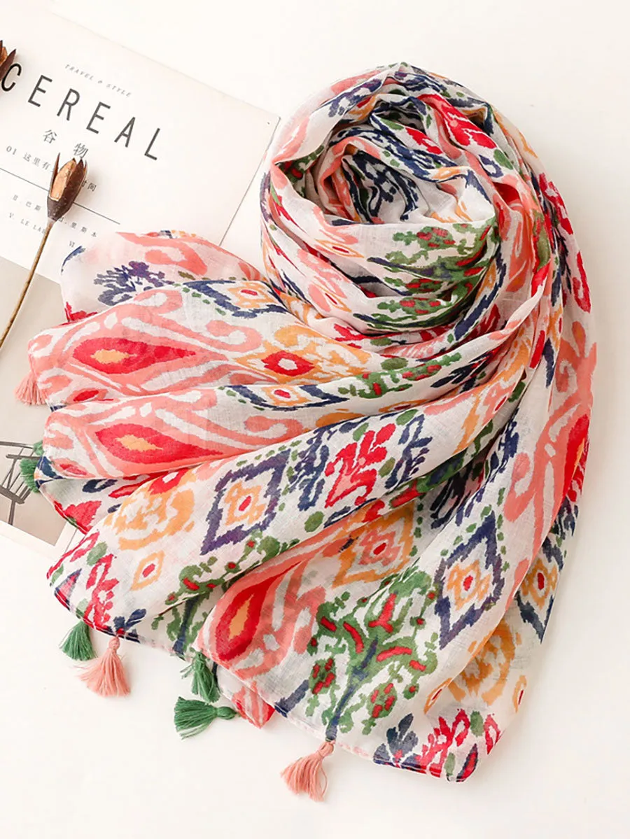 Women Multicolor Print Tassel Scarf