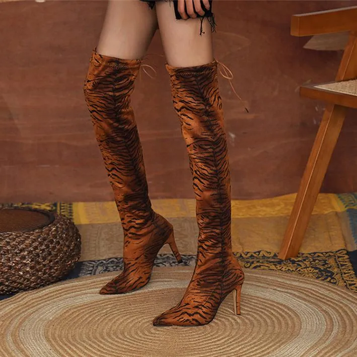 Women pointed toe stiletto heel elastic over the knee boots