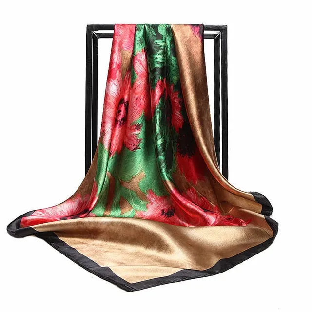 Women Print Foulard Satin Square Head  Scarfves  90cm