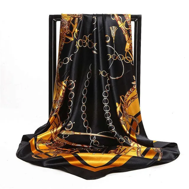 Women Print Foulard Satin Square Head  Scarfves  90cm