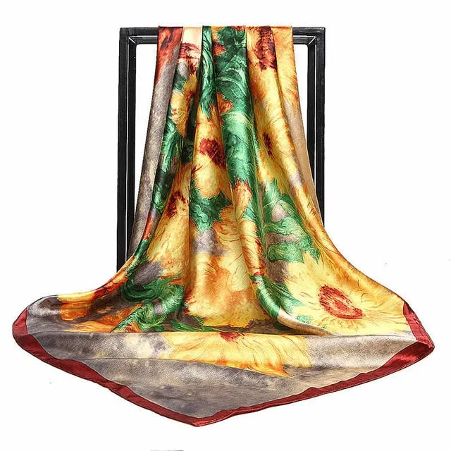 Women Print Foulard Satin Square Head  Scarfves  90cm