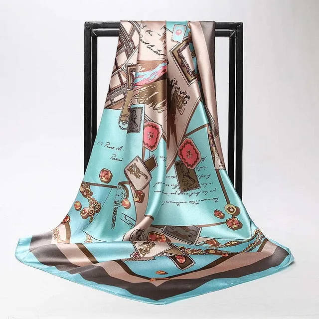 Women Print Foulard Satin Square Head  Scarfves  90cm