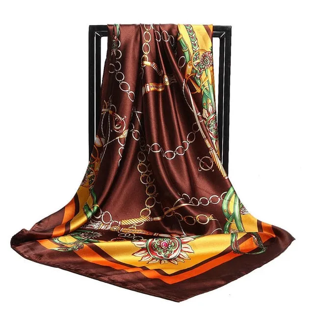 Women Print Foulard Satin Square Head  Scarfves  90cm