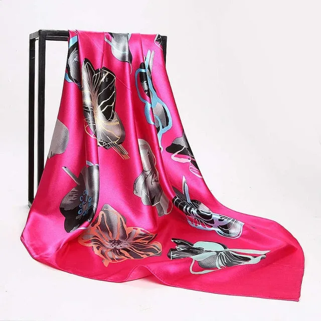 Women Print Foulard Satin Square Head  Scarfves  90cm