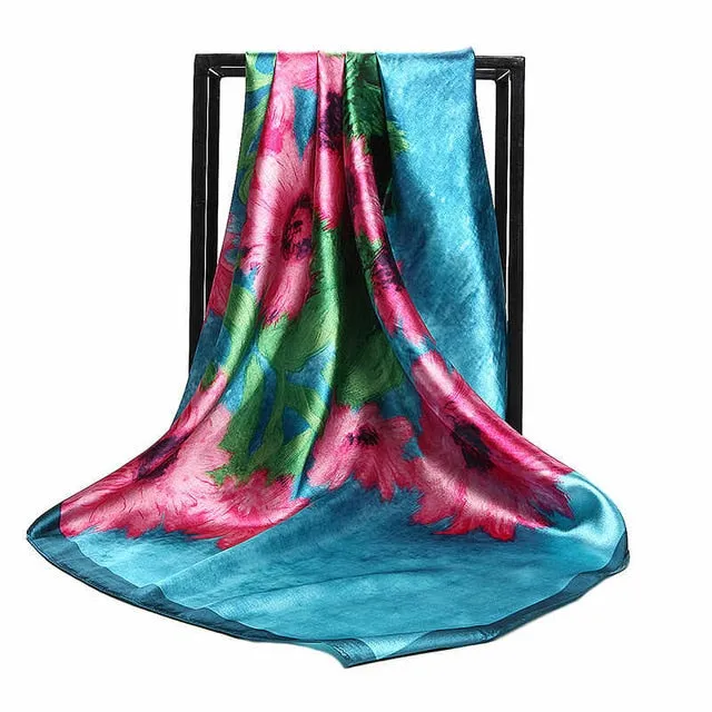 Women Print Foulard Satin Square Head  Scarfves  90cm