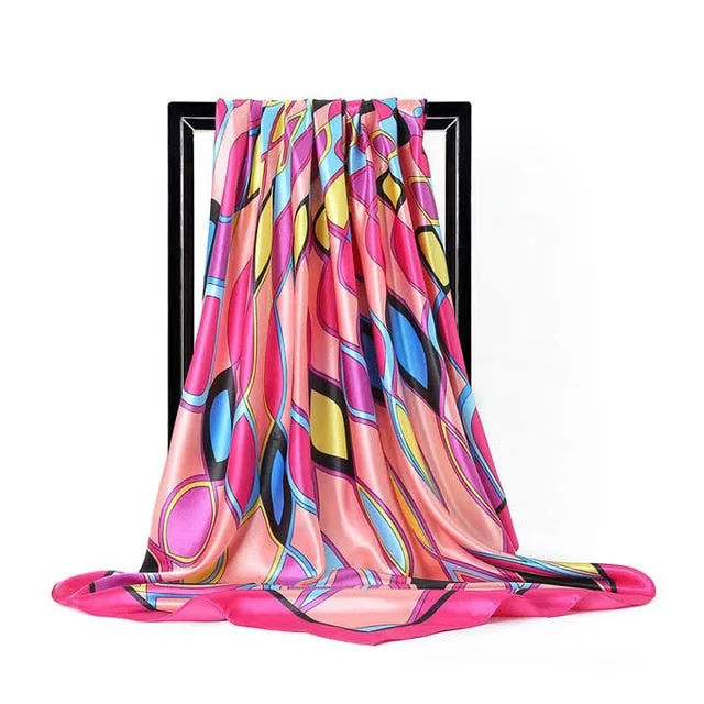 Women Print Foulard Satin Square Head  Scarfves  90cm