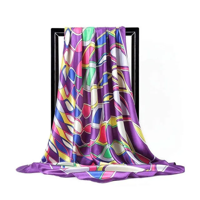 Women Print Foulard Satin Square Head  Scarfves  90cm