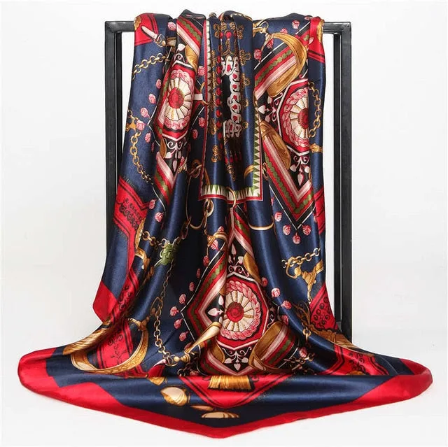 Women Print Foulard Satin Square Head  Scarfves  90cm