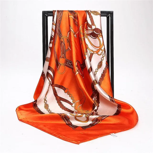 Women Print Foulard Satin Square Head  Scarfves  90cm