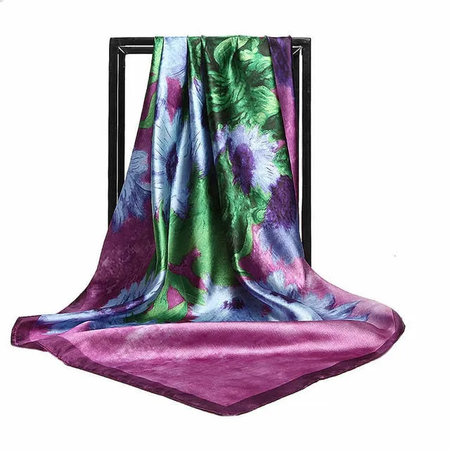 Women Print Foulard Satin Square Head  Scarfves  90cm