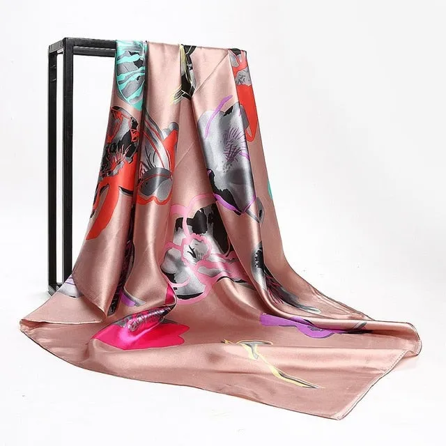 Women Print Foulard Satin Square Head  Scarfves  90cm