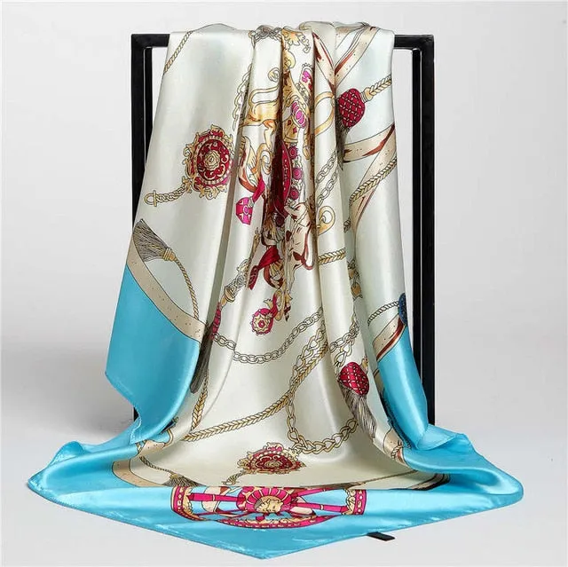 Women Print Foulard Satin Square Head  Scarfves  90cm