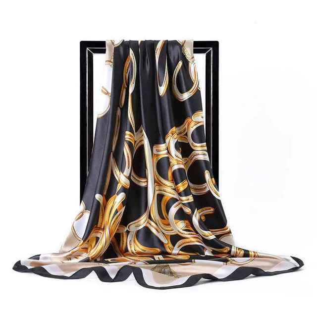 Women Print Foulard Satin Square Head  Scarfves  90cm