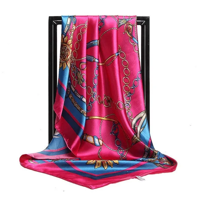 Women Print Foulard Satin Square Head  Scarfves  90cm