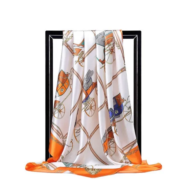 Women Print Foulard Satin Square Head  Scarfves  90cm