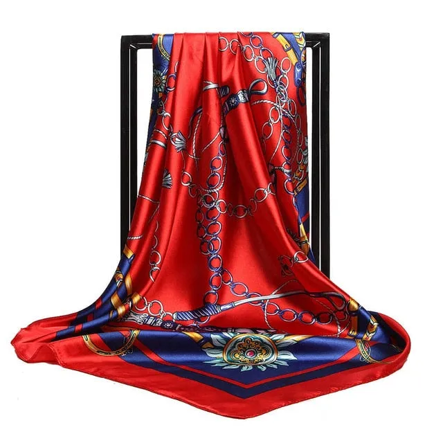 Women Print Foulard Satin Square Head  Scarfves  90cm