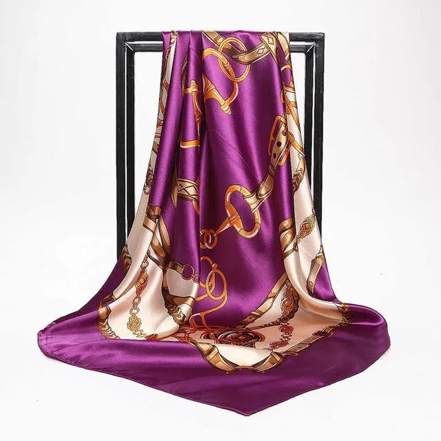 Women Print Foulard Satin Square Head  Scarfves  90cm