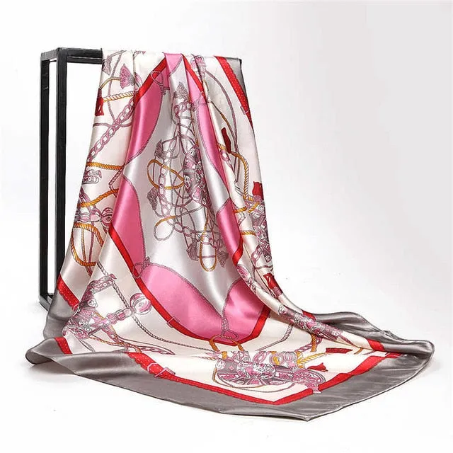 Women Print Foulard Satin Square Head  Scarfves  90cm