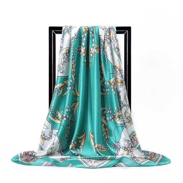 Women Print Foulard Satin Square Head  Scarfves  90cm