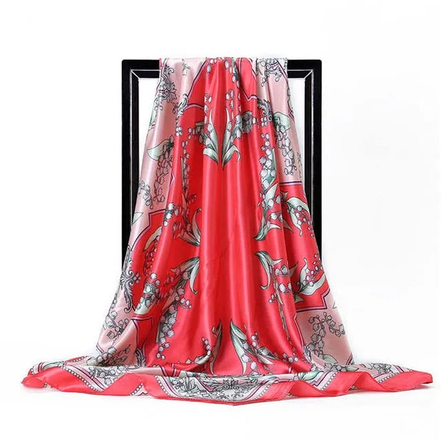 Women Print Foulard Satin Square Head  Scarfves  90cm