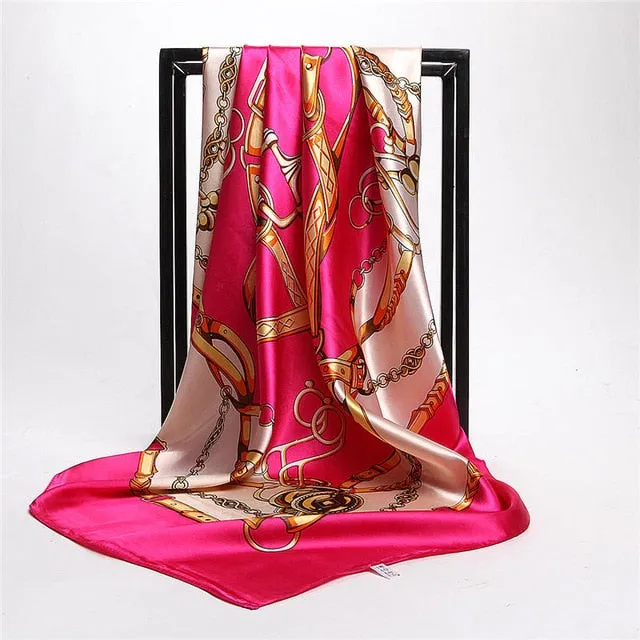 Women Print Foulard Satin Square Head  Scarfves  90cm