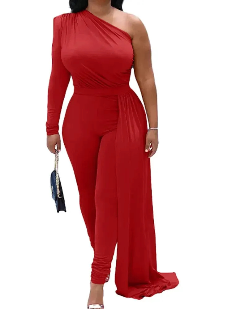 Women Red Puff Sleeve One Shoulder Long Sleeve Jumpsuits