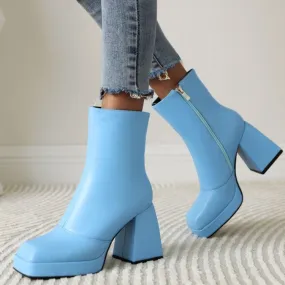 Women short solid color chunky high heel platform boots