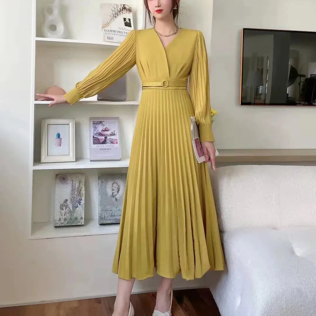 Women Slim Pleated Maxi Dress with Belt Female Streetwear Vintage dress Tie Front Dress  Robe