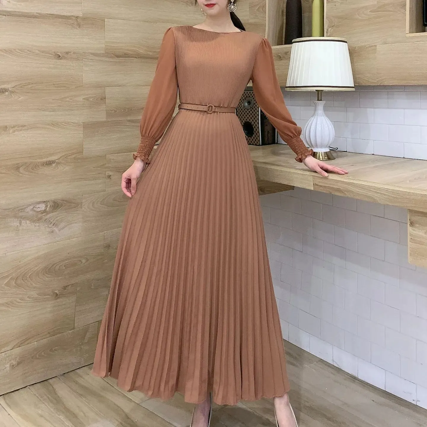 Women Slim Pleated Maxi Dress with Belt Female Streetwear Vintage dress Tie Front Dress  Robe