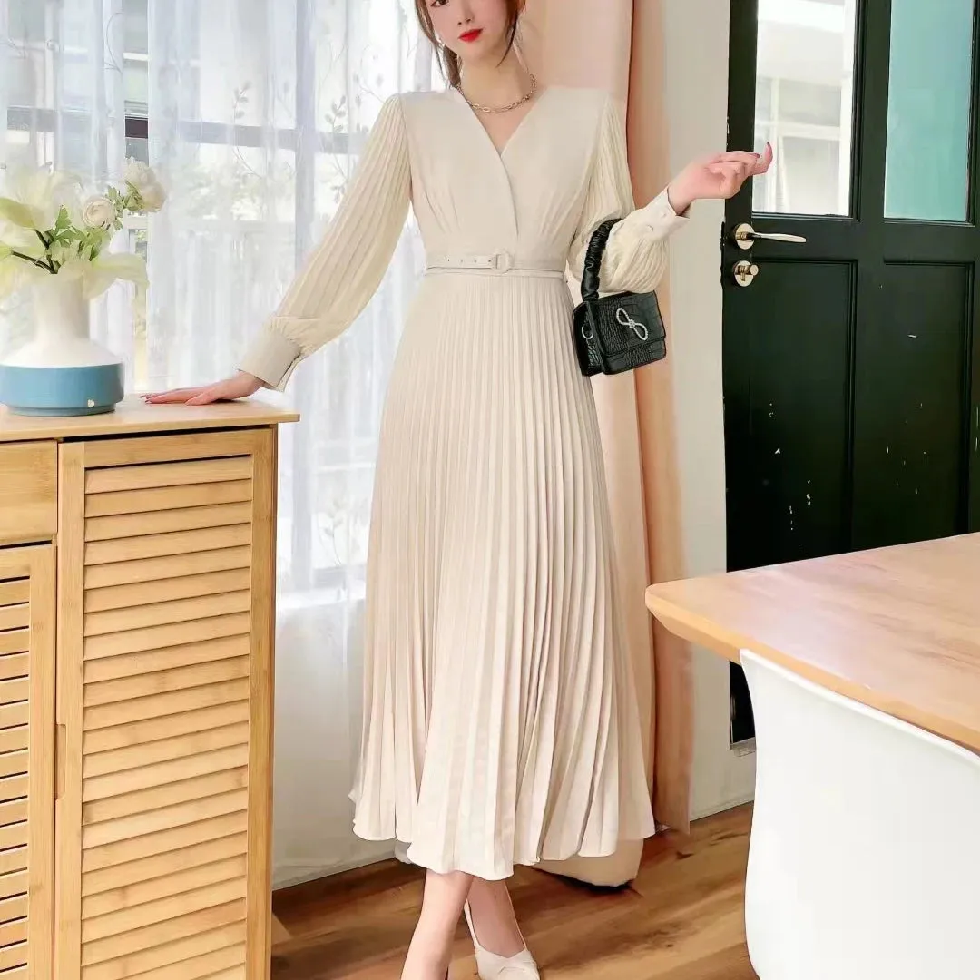 Women Slim Pleated Maxi Dress with Belt Female Streetwear Vintage dress Tie Front Dress  Robe