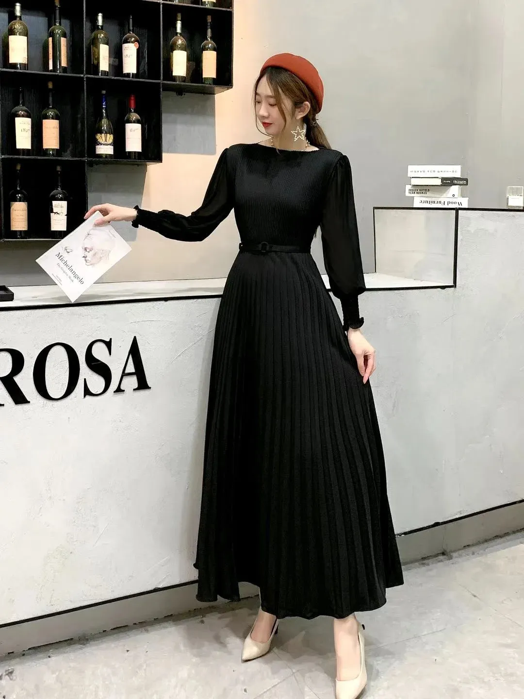 Women Slim Pleated Maxi Dress with Belt Female Streetwear Vintage dress Tie Front Dress  Robe