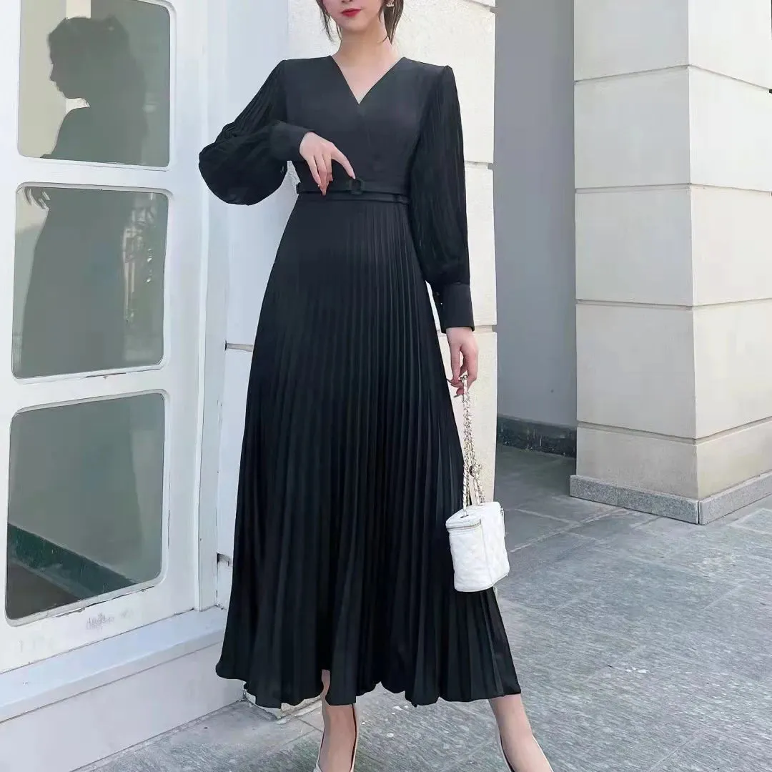 Women Slim Pleated Maxi Dress with Belt Female Streetwear Vintage dress Tie Front Dress  Robe