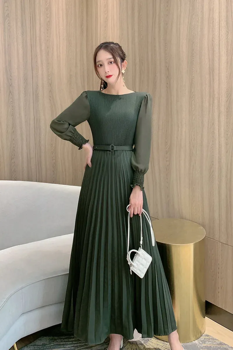 Women Slim Pleated Maxi Dress with Belt Female Streetwear Vintage dress Tie Front Dress  Robe