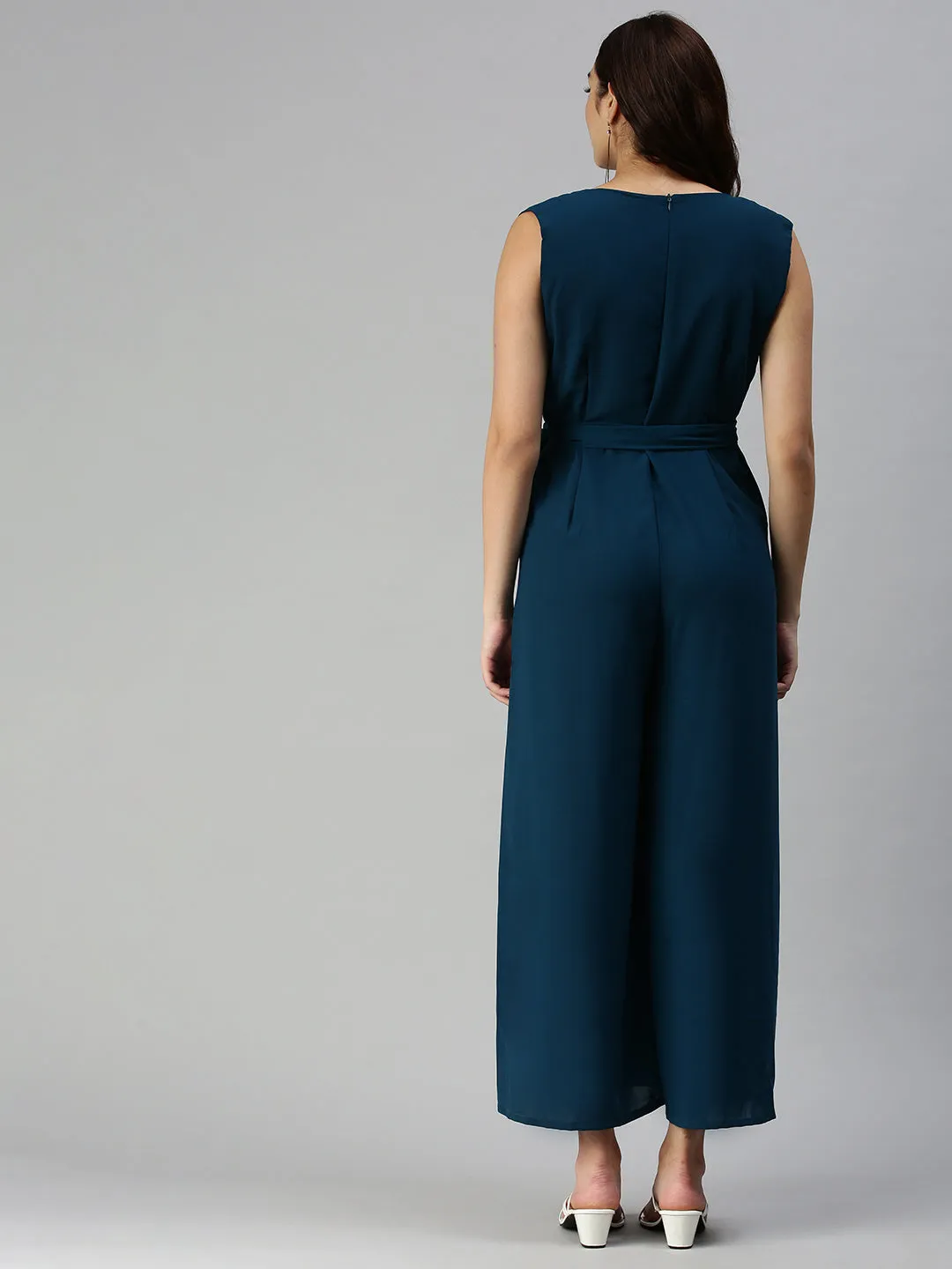 Women V-Neck Solid Teal Culotte Jumpsuit