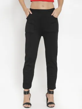 Women'S Black Woolen Solid Pant