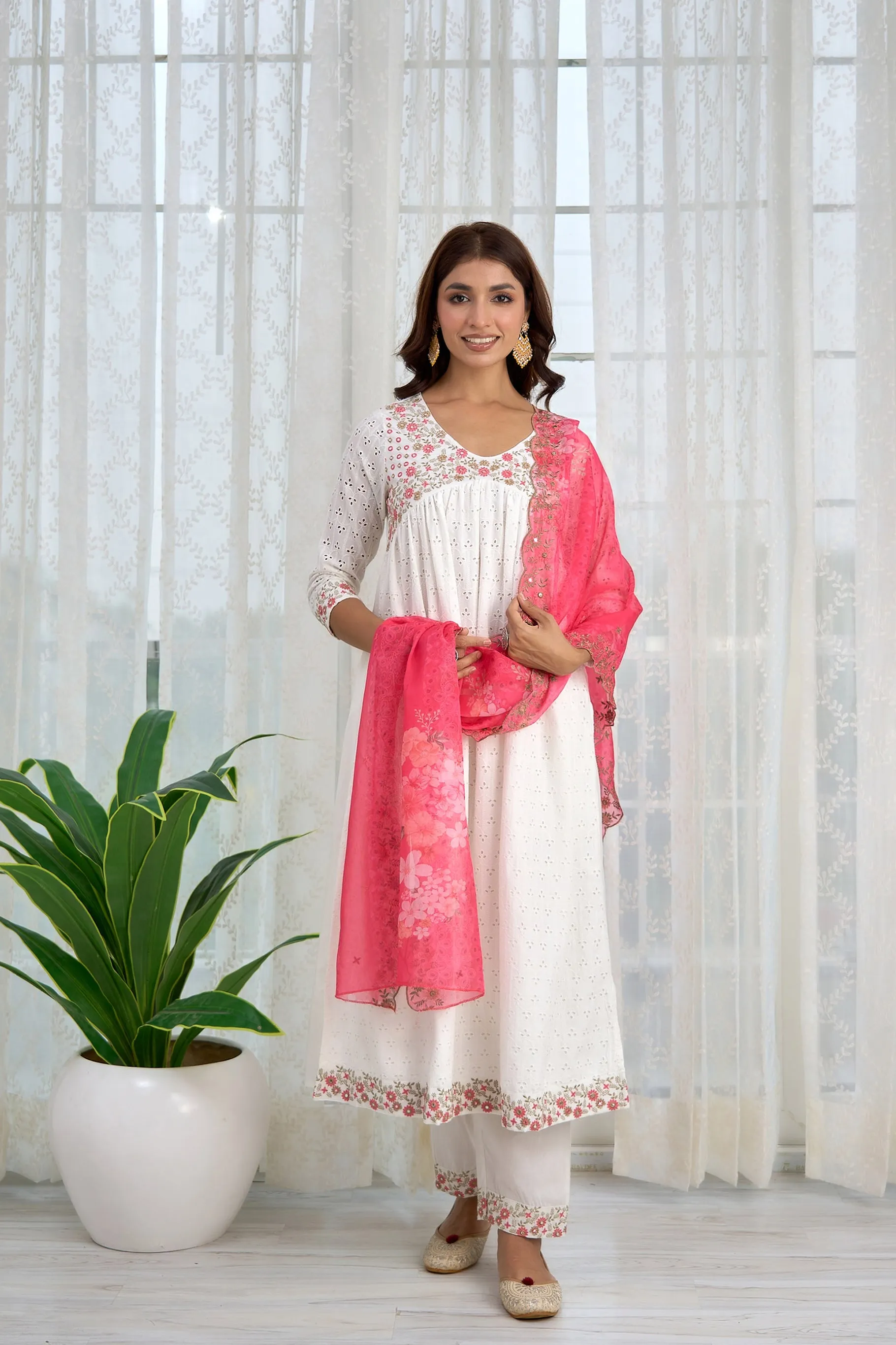 Womens Cotton Schiffili White Alia Cut A-Line Kurta Pant and Dupatta