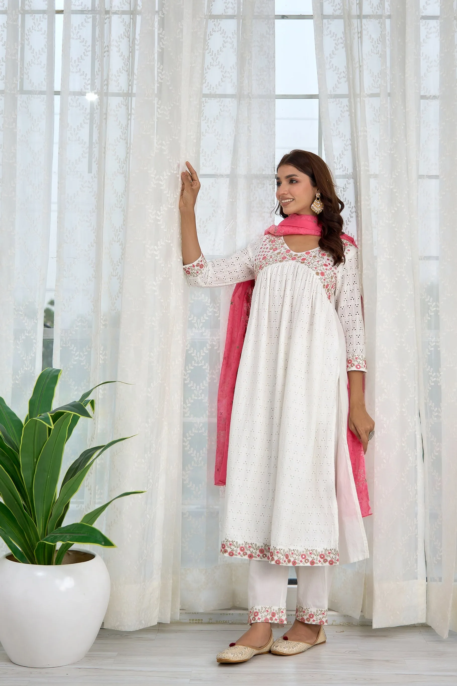 Womens Cotton Schiffili White Alia Cut A-Line Kurta Pant and Dupatta