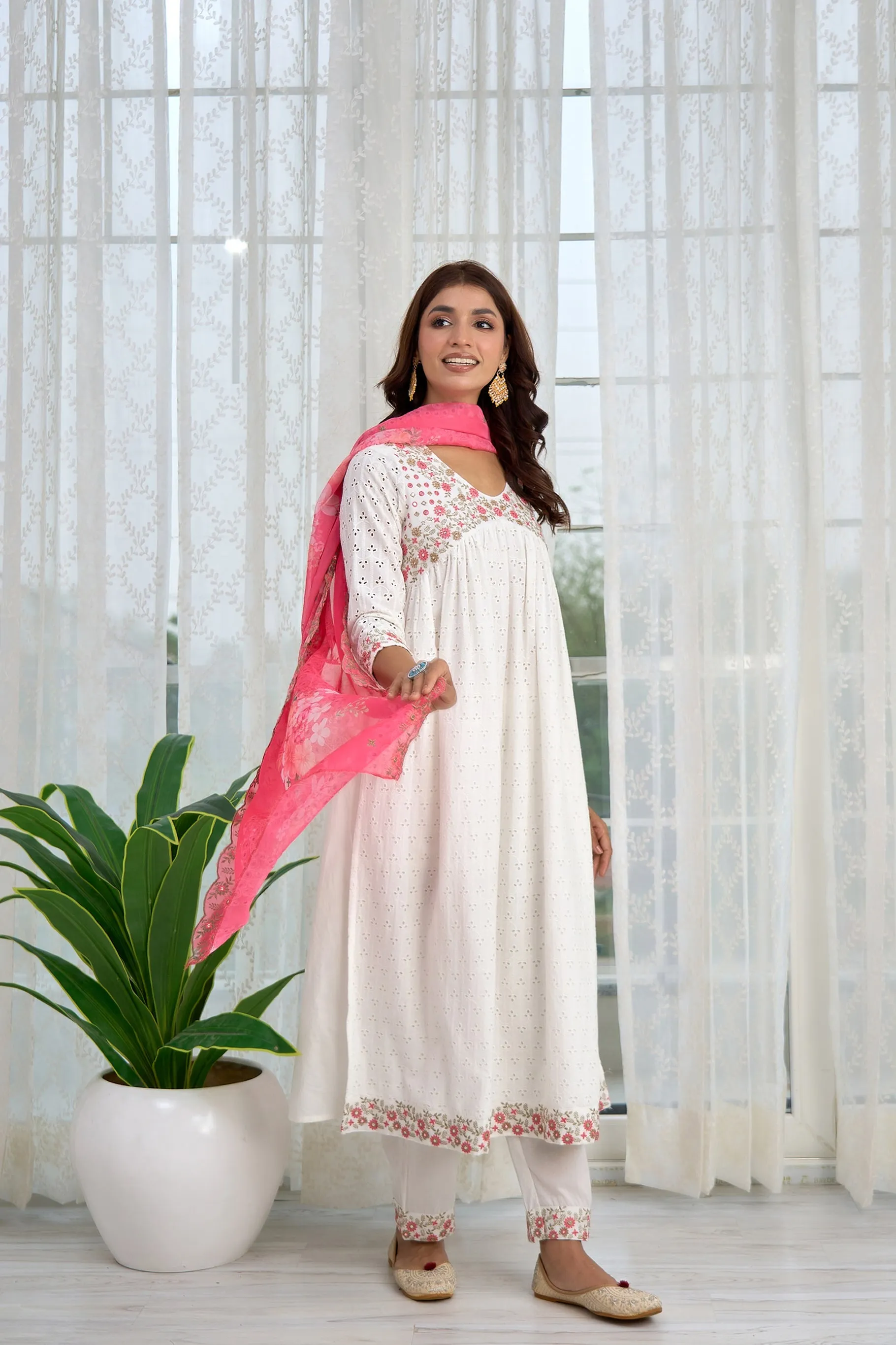 Womens Cotton Schiffili White Alia Cut A-Line Kurta Pant and Dupatta