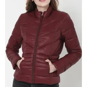 Womens Maroon Puffer Leather Jacket