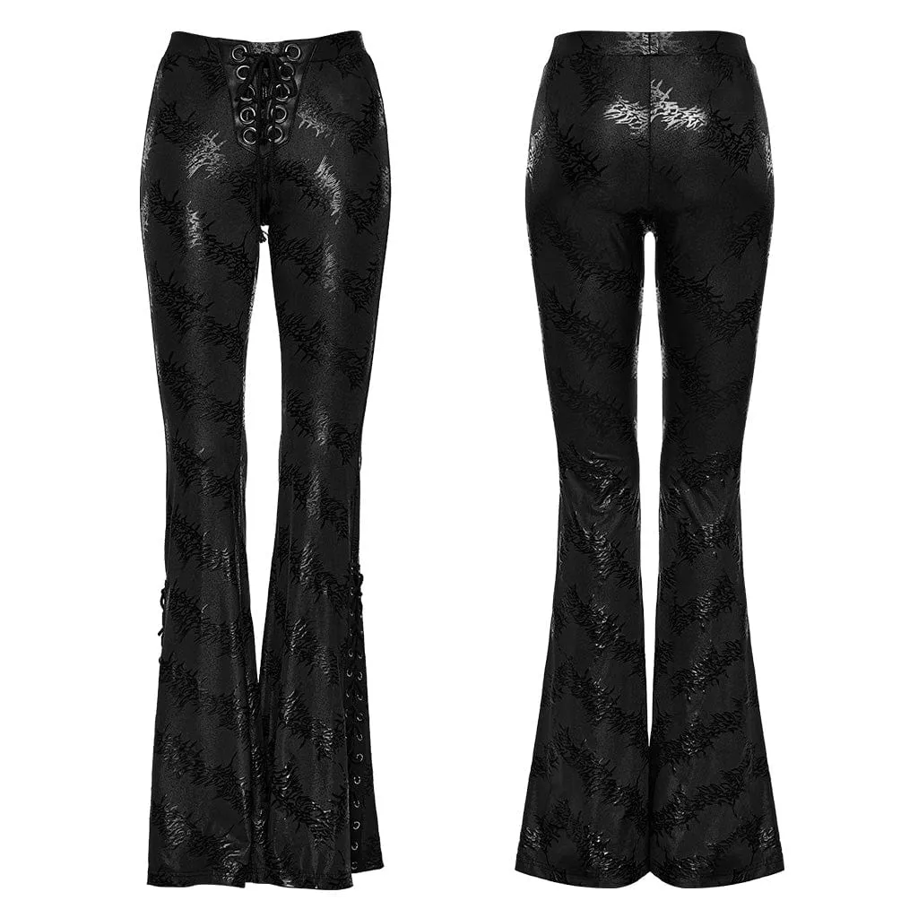 Women's Punk Thorns Printed Lace-up Flared Pants Black