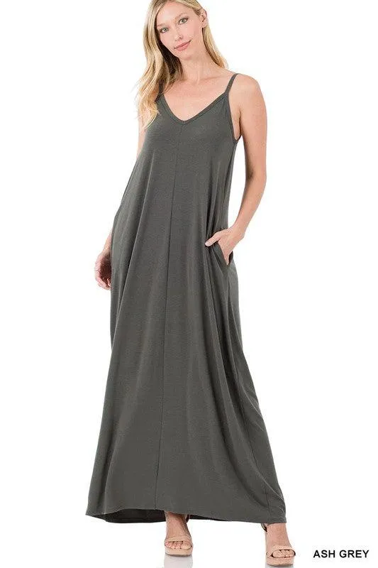 Womens V-Neck Cami Maxi Dress With Side Pockets