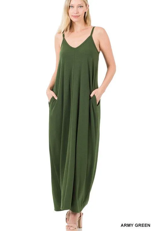 Womens V-Neck Cami Maxi Dress With Side Pockets