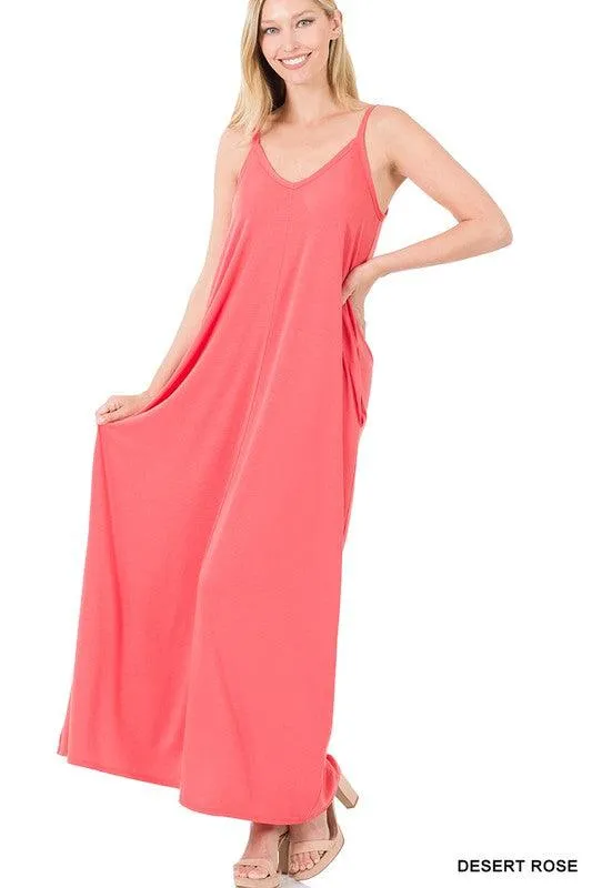 Womens V-Neck Cami Maxi Dress With Side Pockets