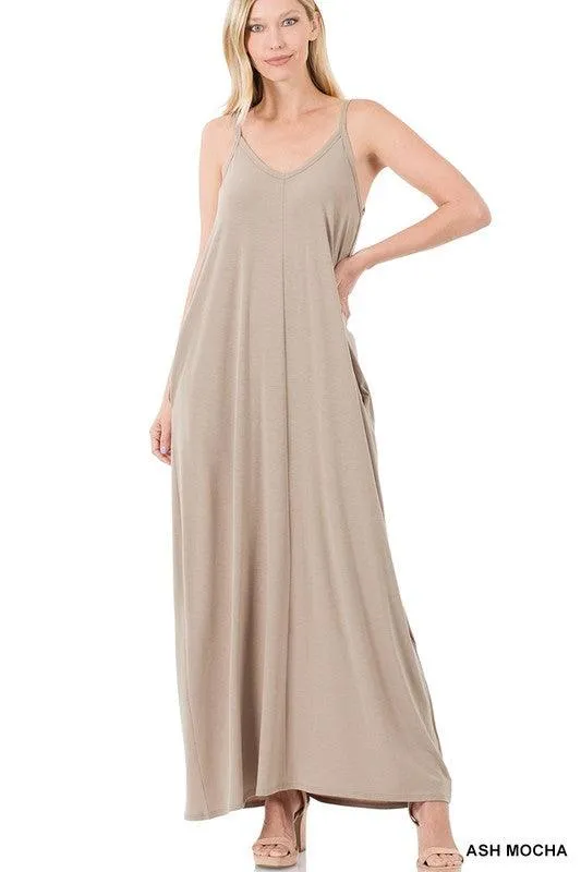 Womens V-Neck Cami Maxi Dress With Side Pockets