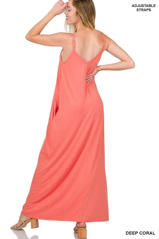 Womens V-Neck Cami Maxi Dress With Side Pockets