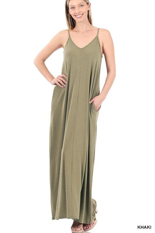 Womens V-Neck Cami Maxi Dress With Side Pockets