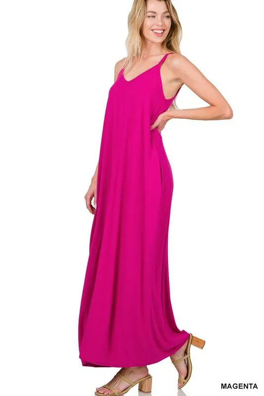 Womens V-Neck Cami Maxi Dress With Side Pockets