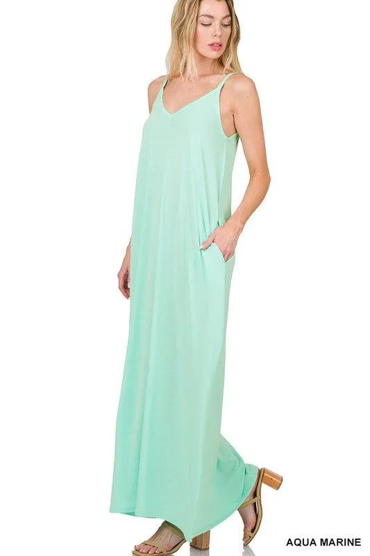 Womens V-Neck Cami Maxi Dress With Side Pockets