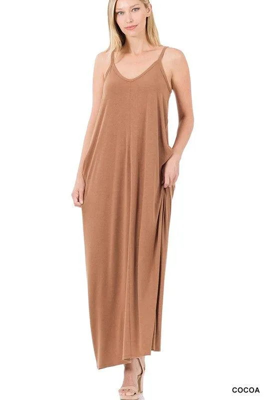 Womens V-Neck Cami Maxi Dress With Side Pockets