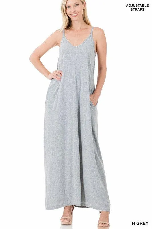 Womens V-Neck Cami Maxi Dress With Side Pockets